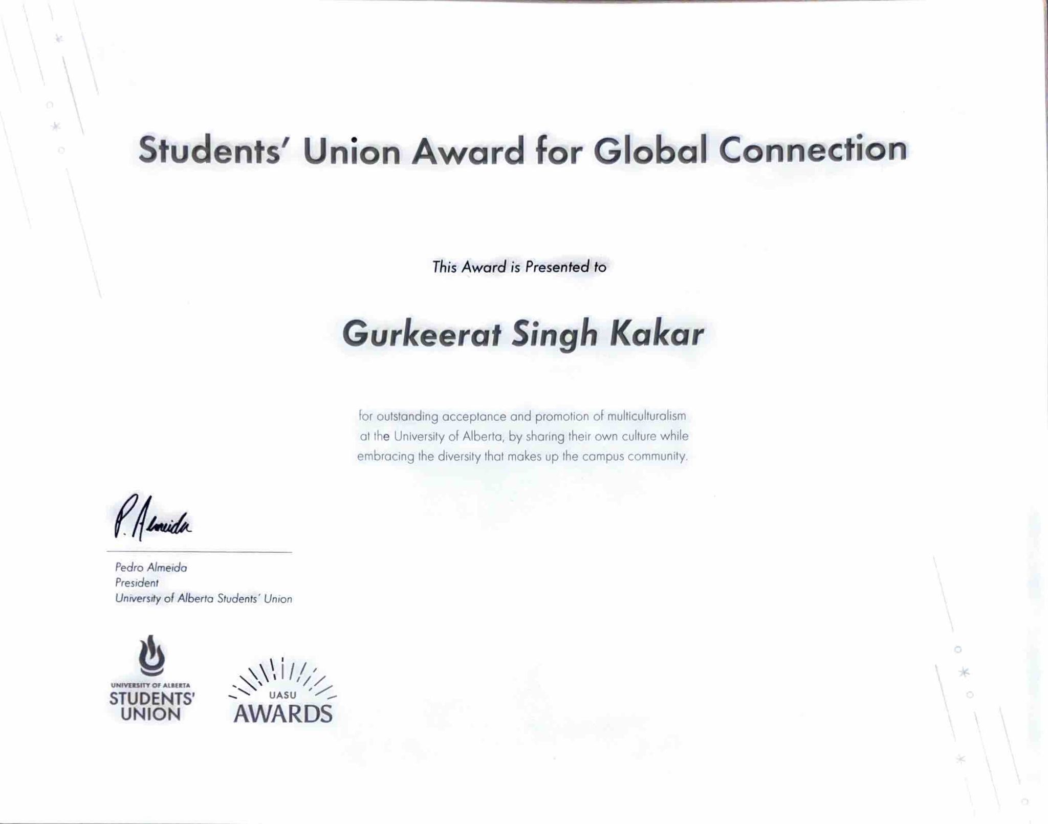 UASU Students’ Union Award Certificate